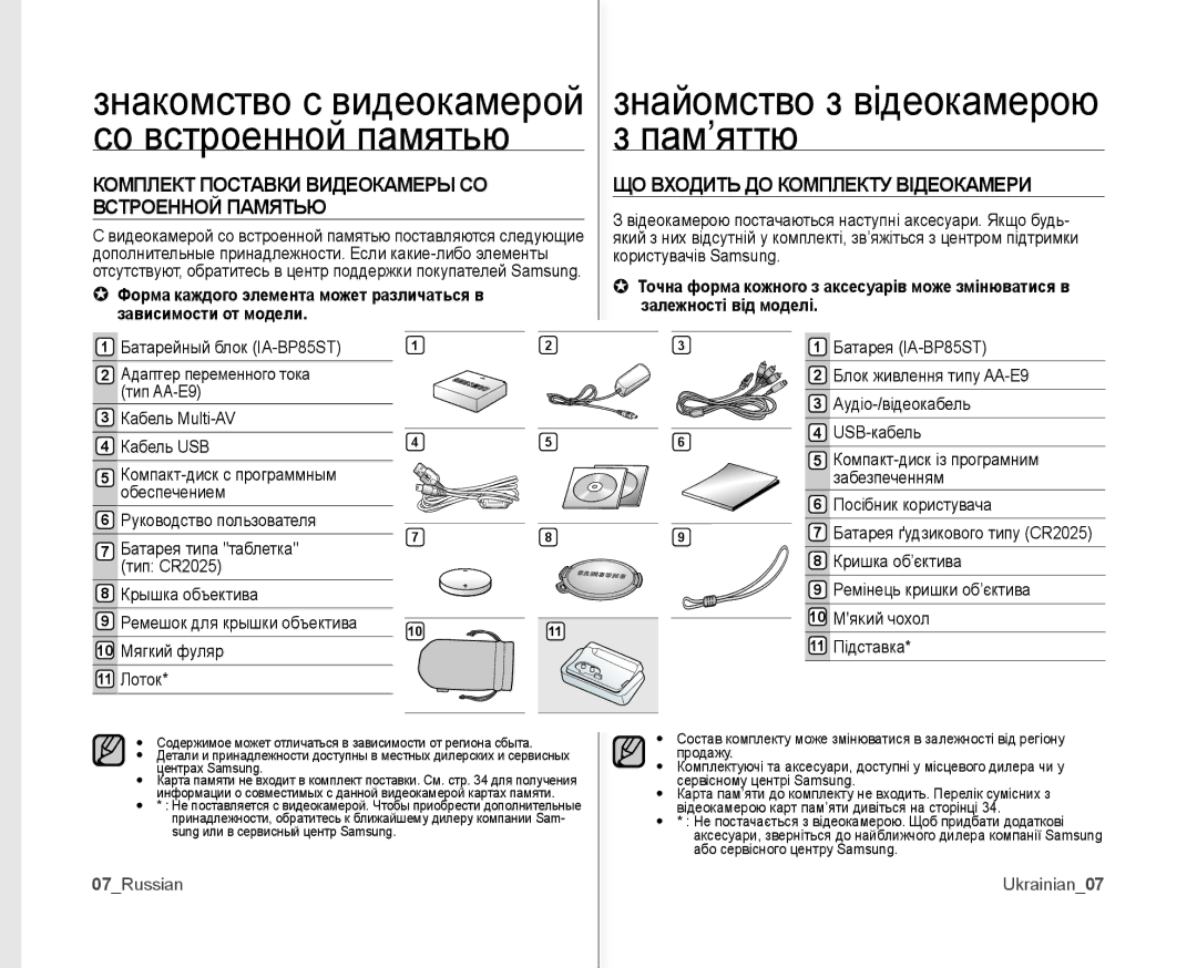 Samsung VP-MX10AH/XEE Знайомство з відеокамерою з пам’яттю, Комплект Поставки Видеокамеры СО Встроенной Памятью, 07Russian 