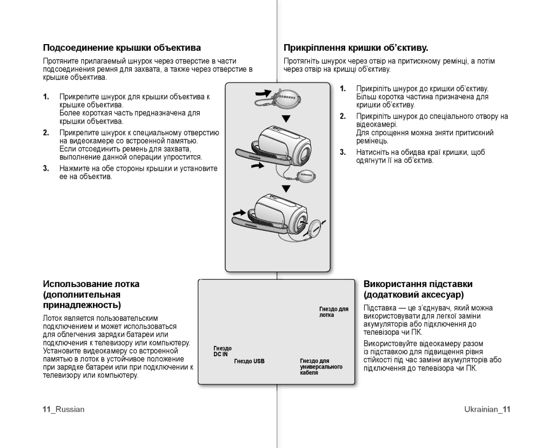 Samsung VP-MX10AH/XEE, VP-MX10A/XEE Подсоединение крышки объектива, Прикріплення кришки об’єктиву, 11Russian Ukrainian11 