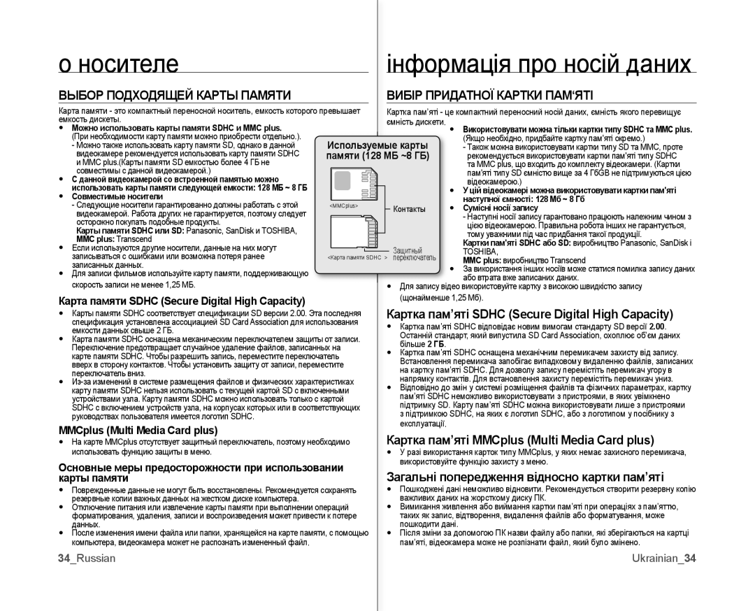 Samsung VP-MX10A/XEE manual Картка пам’яті Sdhc Secure Digital High Capacity, Картка пам’яті MMCplus Multi Media Card plus 