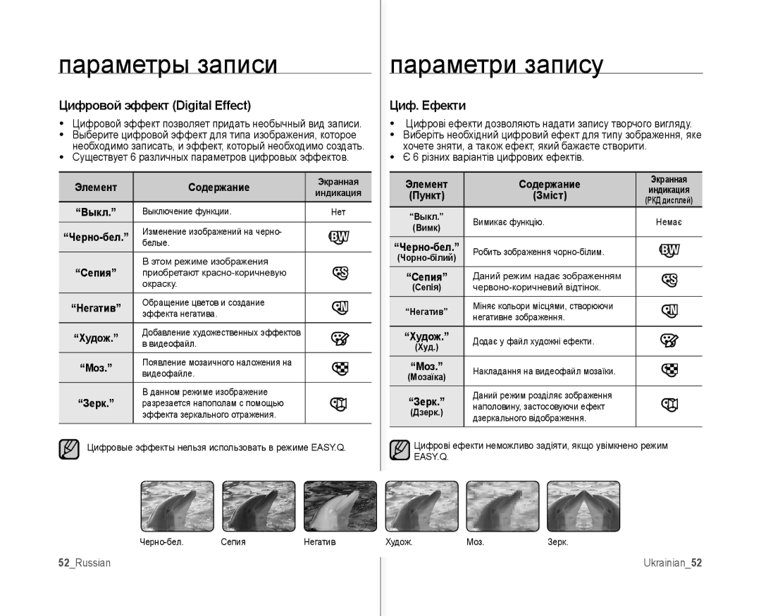 Samsung VP-MX10A/XER manual Цифровой эффект Digital Effect Циф. Ефекти, Содержание, Моз, Зерк, 52Russian Ukrainian52 