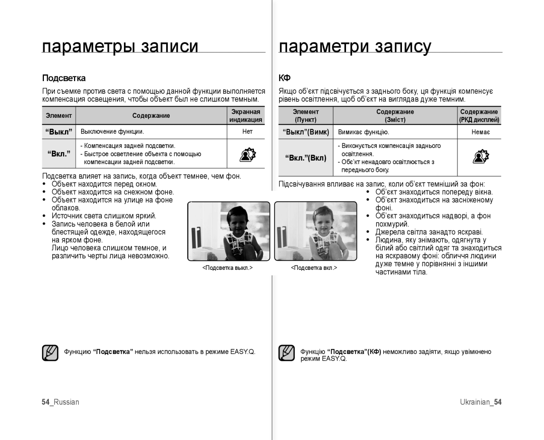 Samsung VP-MX10A/XEE, VP-MX10AH/XEE, VP-MX10A/XER Подсветка, 54Russian, Ukrainian54, Элемент Содержание Экранная, Вкл.Вкл 