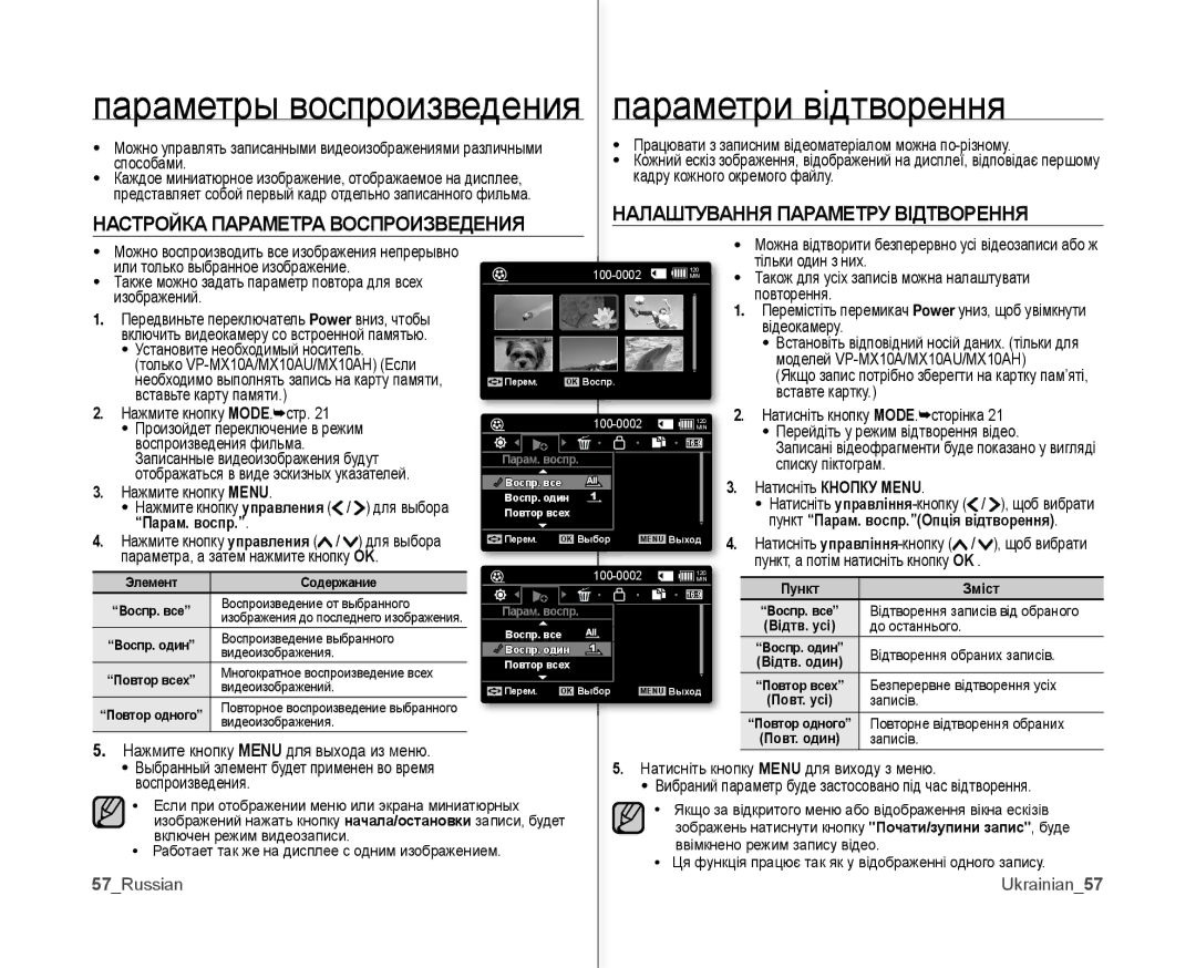 Samsung VP-MX10A/XEK Параметры воспроизведения параметри відтворення, Налаштування Параметру Відтворення, Парам. воспр 