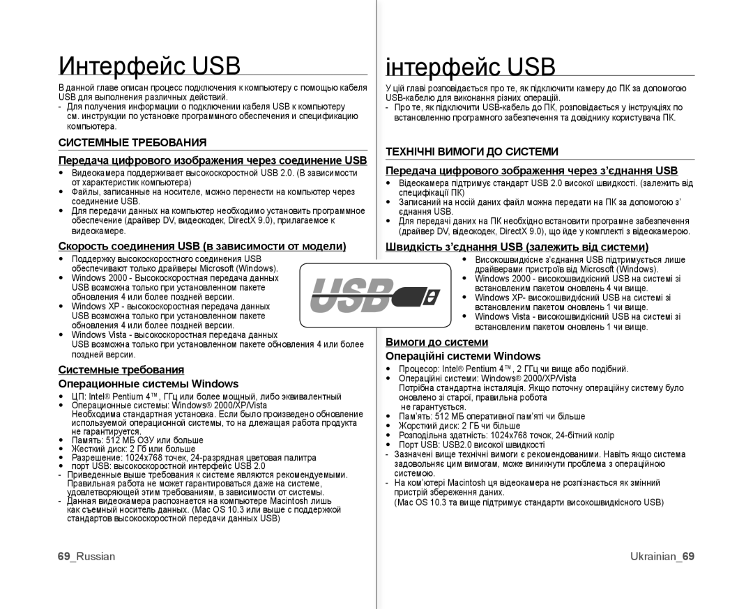 Samsung VP-MX10A/XEK, VP-MX10A/XEE, VP-MX10AH/XEE, VP-MX10A/XER manual Интерфейс USB, Інтерфейс USB 