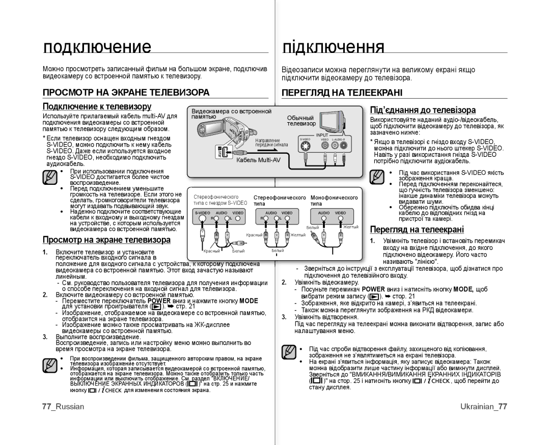 Samsung VP-MX10A/XEK Подключение Підключення, Перегляд НА Телеекрані, Під’єднання до телевізора, Перегляд на телеекрані 