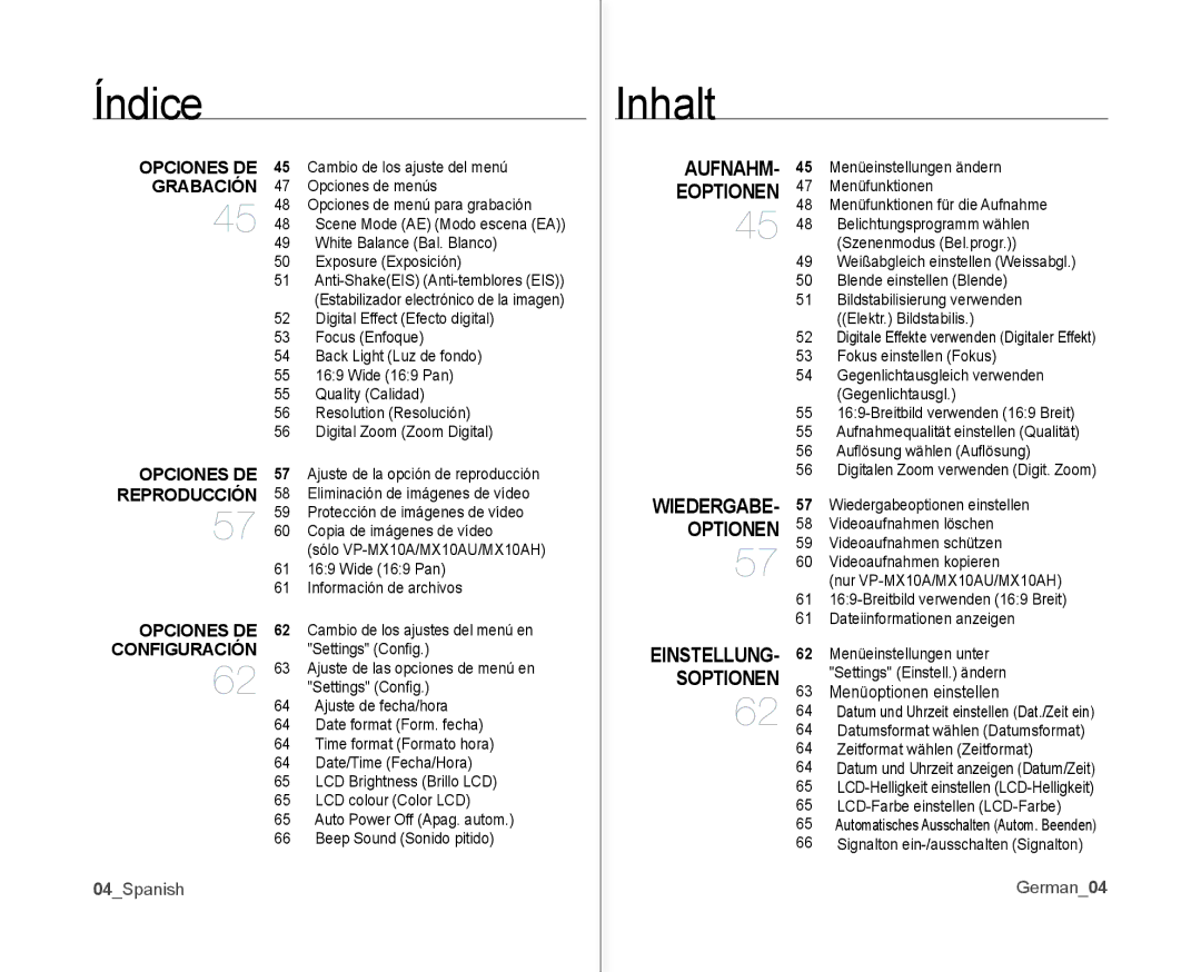 Samsung VP-MX10/CAN, VP-MX10A/XEE, VP-MX10A/XEF manual Índice Nhalt, Opciones DE, Grabación, Reproducción, Configuración 