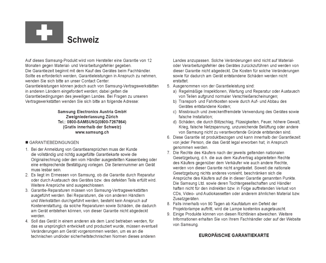 Samsung VP-MX10A/XEF, VP-MX10A/XEE, VP-MX10/XEO, VP-MX10/XEE, VP-MX10/CAN, VP-MX10A/XEO manual Schweiz 