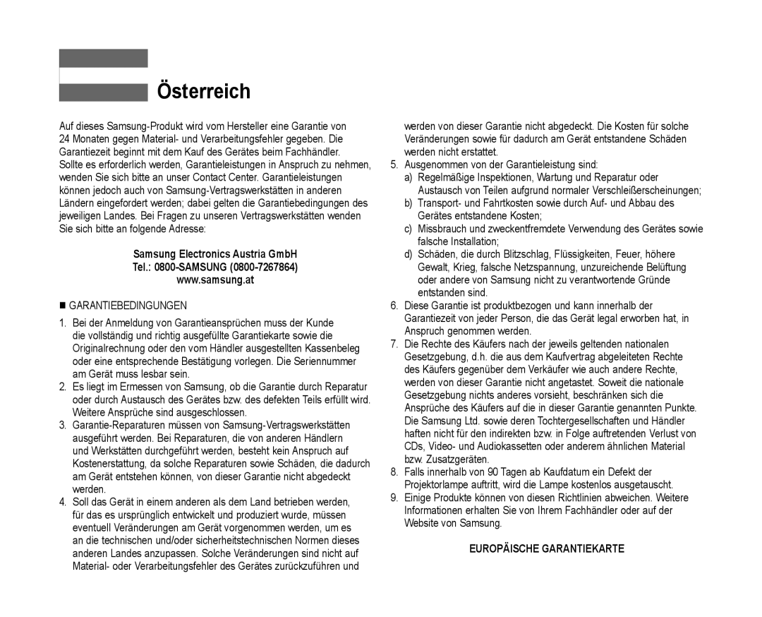 Samsung VP-MX10/XEO, VP-MX10A/XEE, VP-MX10A/XEF, VP-MX10/XEE manual Österreich, Samsung Electronics Austria GmbH Tel -SAMSUNG 