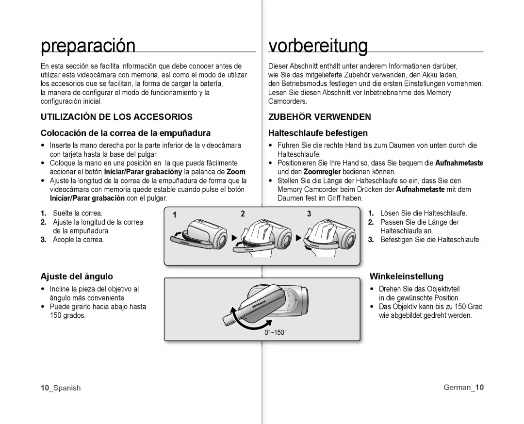 Samsung VP-MX10/CAN, VP-MX10A/XEE, VP-MX10A/XEF Preparación, Vorbereitung, Utilización DE LOS Accesorios, Zubehör Verwenden 