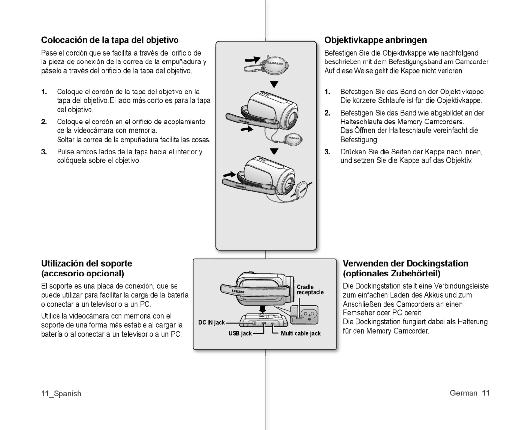 Samsung VP-MX10A/XEO, VP-MX10A/XEE manual Colocación de la tapa del objetivo, Objektivkappe anbringen, 11Spanish German11 