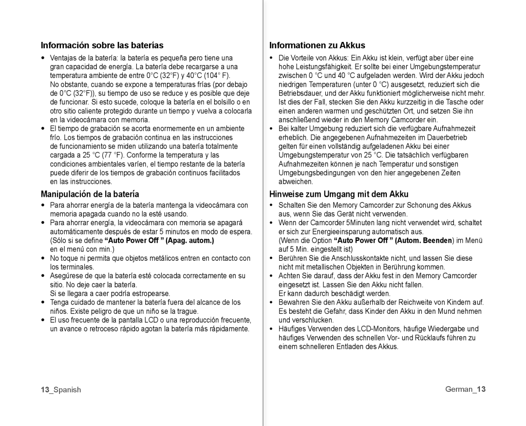 Samsung VP-MX10A/XEF, VP-MX10A/XEE manual Información sobre las baterías, Manipulación de la batería, Informationen zu Akkus 