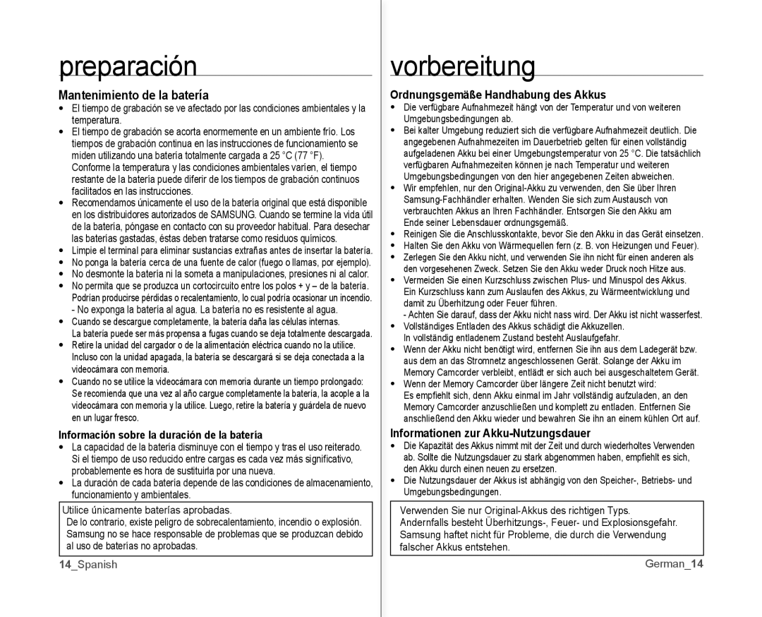 Samsung VP-MX10/XEO Mantenimiento de la batería, Ordnungsgemäße Handhabung des Akkus, Informationen zur Akku-Nutzungsdauer 