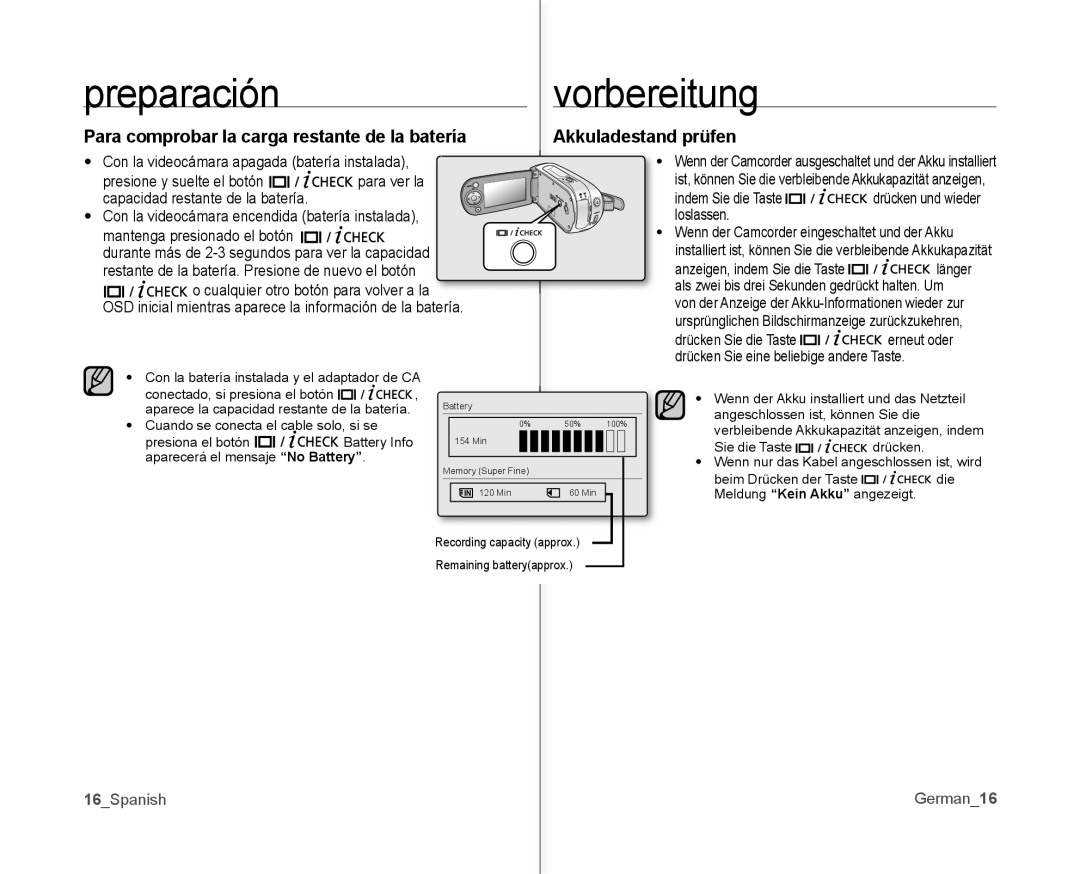 Samsung VP-MX10/CAN, VP-MX10A/XEE, VP-MX10A/XEF, VP-MX10/XEO, VP-MX10/XEE manual Preparación Vorbereitung, 16Spanish German16 