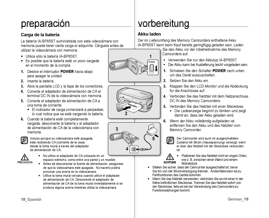 Samsung VP-MX10A/XEE, VP-MX10A/XEF, VP-MX10/XEO, VP-MX10/XEE manual Carga de la batería, Akku laden, 18Spanish, German18 