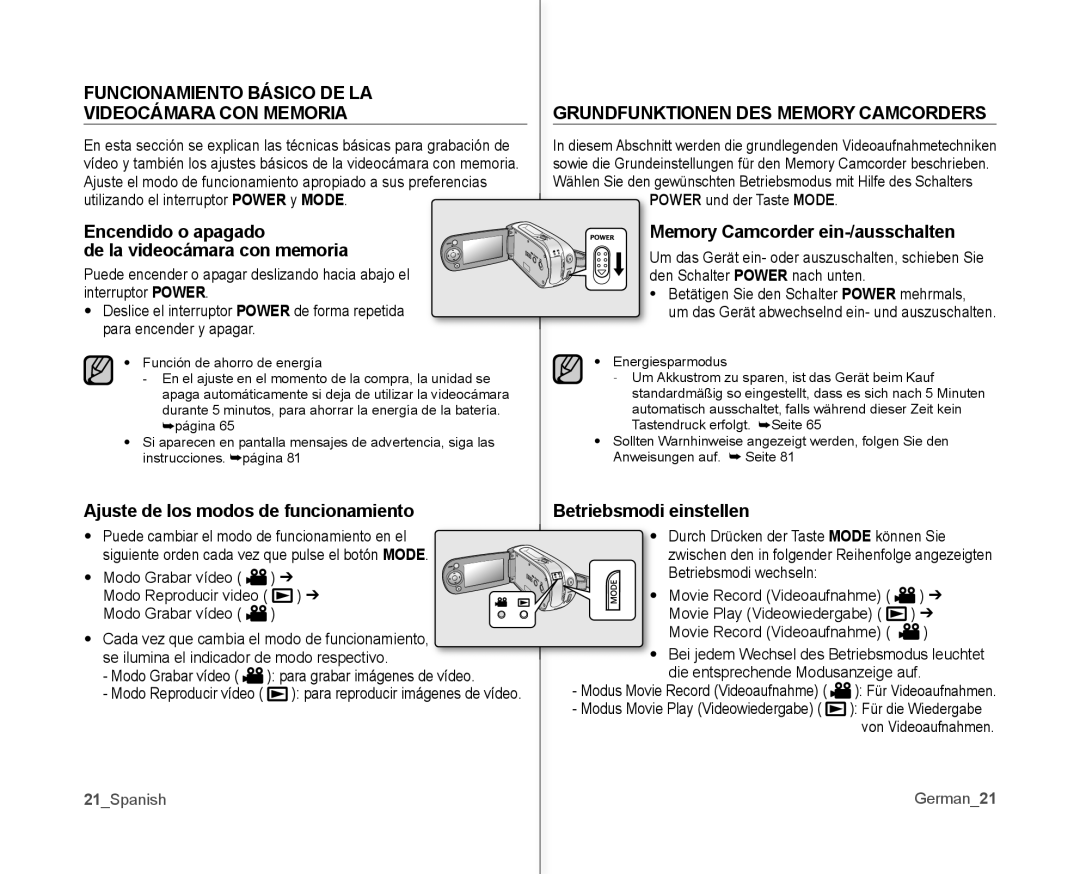 Samsung VP-MX10/XEE manual Funcionamiento Básico DE LA Videocámara CON Memoria, Grundfunktionen DES Memory Camcorders 