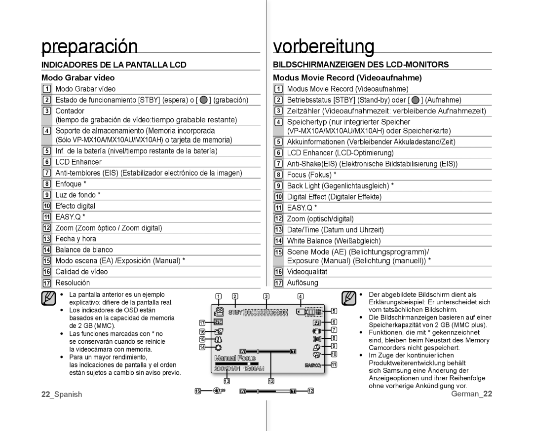 Samsung VP-MX10/CAN, VP-MX10A/XEE, VP-MX10A/XEF Modo Grabar vídeo, Modus Movie Record Videoaufnahme, 22Spanish, German22 