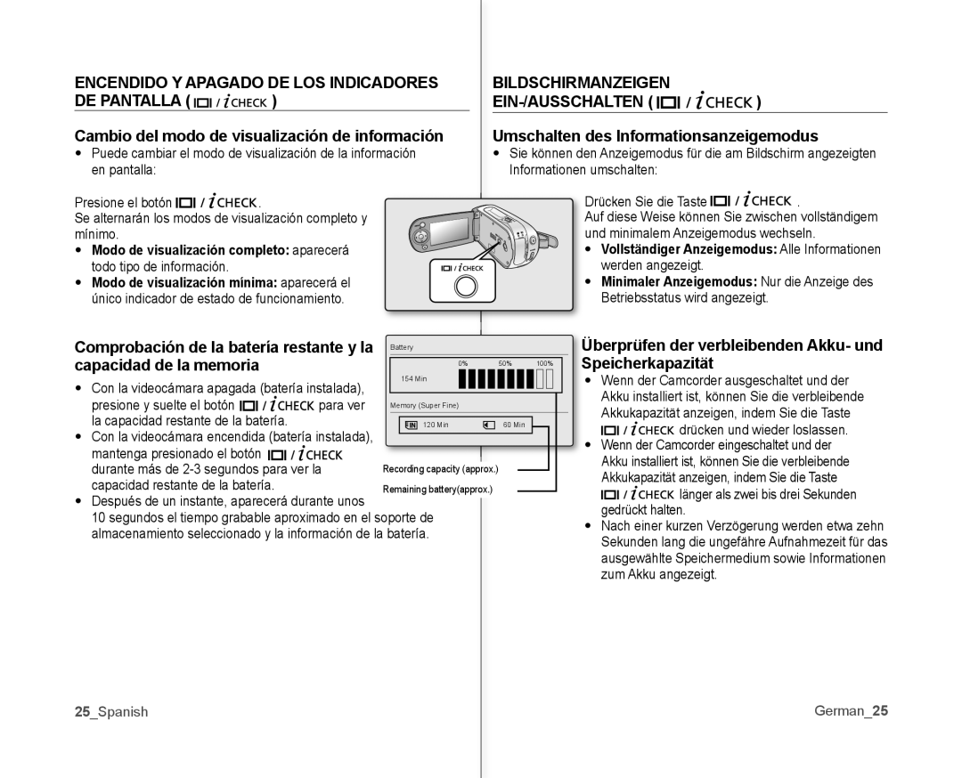 Samsung VP-MX10A/XEF, VP-MX10A/XEE Capacidad de la memoria Speicherkapazität, Comprobación de la batería restante y la 