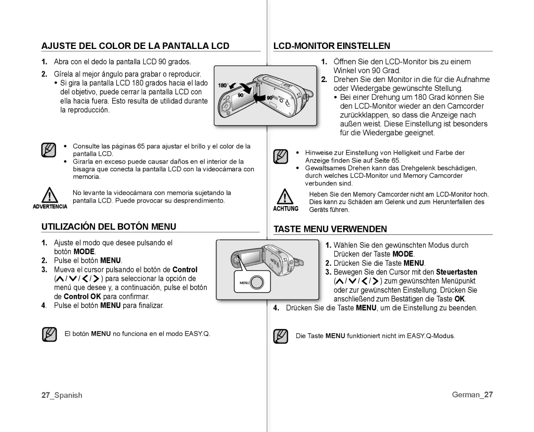 Samsung VP-MX10/XEE, VP-MX10A/XEE manual Ajuste DEL Color DE LA Pantalla LCD LCD-MONITOR Einstellen, 27Spanish German27 