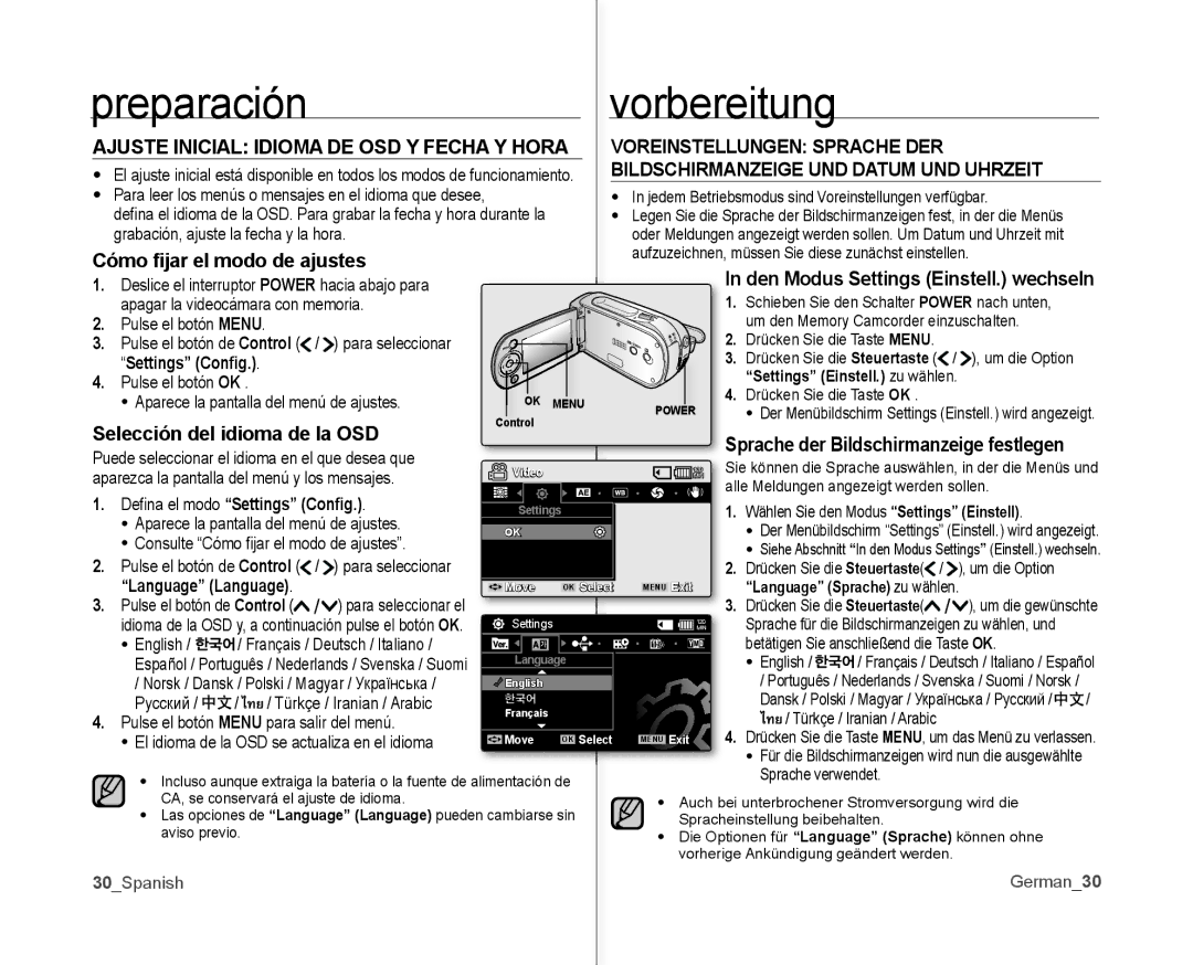 Samsung VP-MX10A/XEE, VP-MX10A/XEF, VP-MX10/XEO Ajuste Inicial Idioma DE OSD Y Fecha Y Hora, Cómo ﬁjar el modo de ajustes 