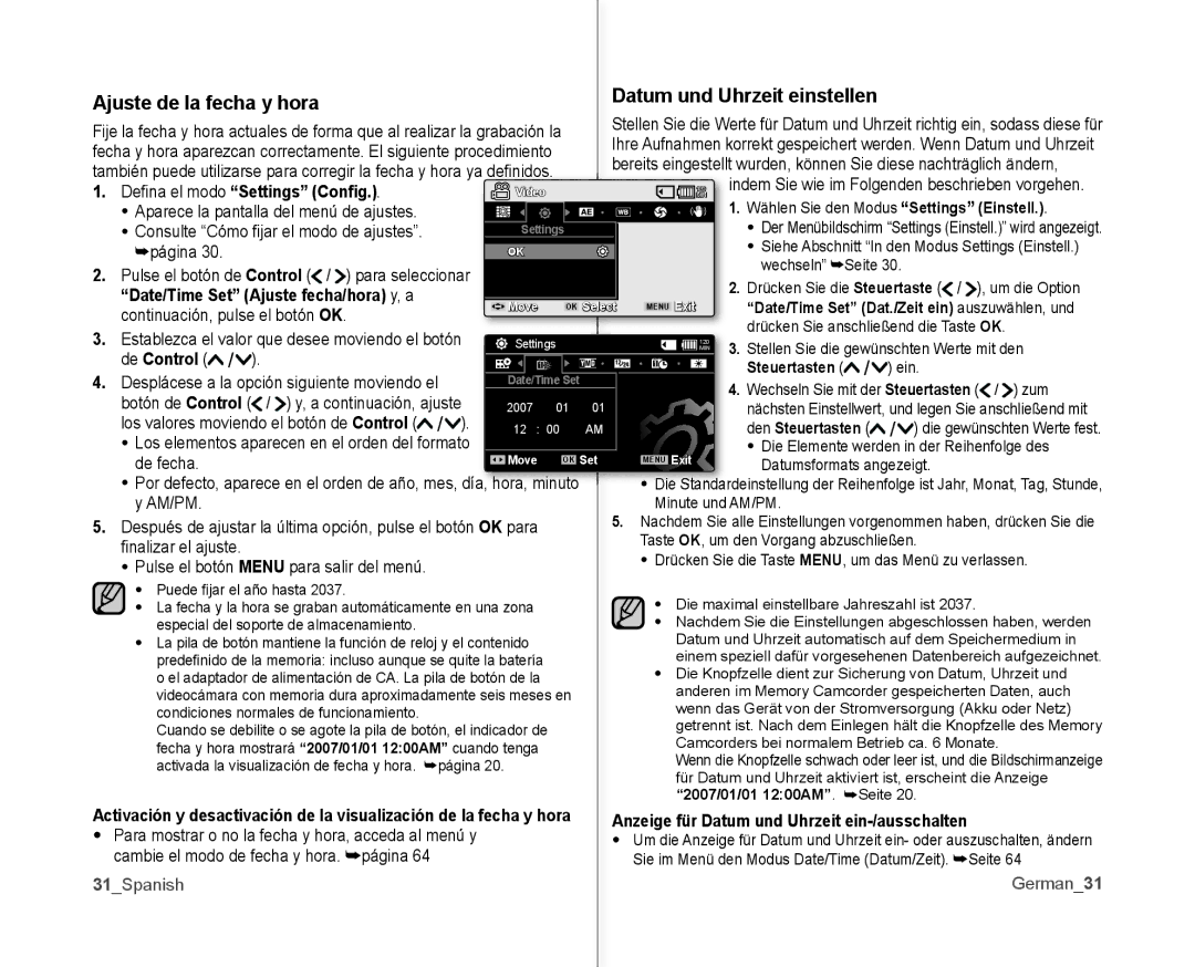 Samsung VP-MX10A/XEF manual Ajuste de la fecha y hora, Datum und Uhrzeit einstellen, Date/Time Set Ajuste fecha/hora y, a 