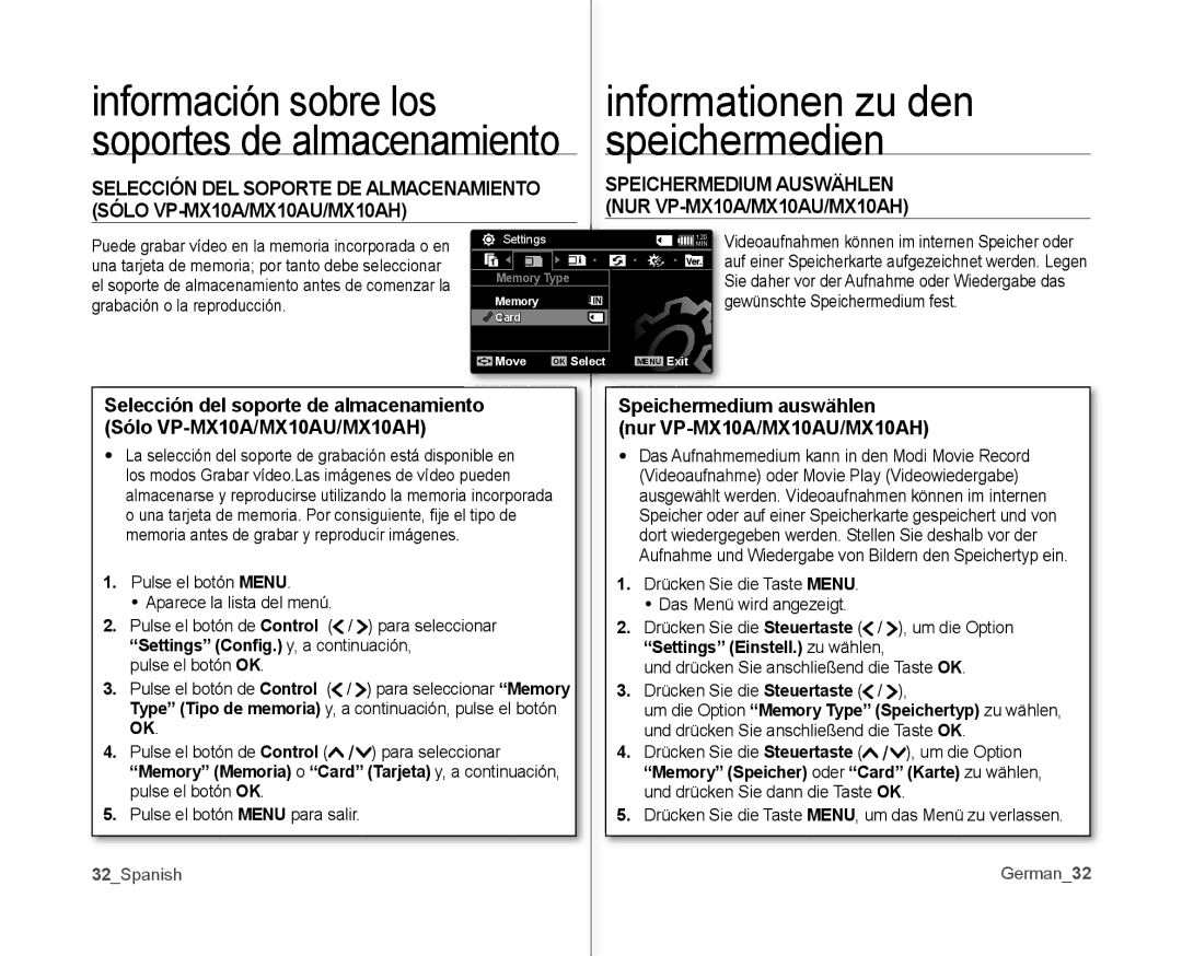 Samsung VP-MX10/XEO manual Selección del soporte de almacenamiento, Sólo VP-MX10A/MX10AU/MX10AH Nur VP-MX10A/MX10AU/MX10AH 