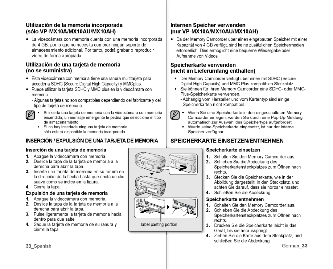 Samsung VP-MX10/XEE, VP-MX10A/XEE manual Speicherkarte EINSETZEN/ENTNEHMEN, Inserción / Expulsión DE UNA Tarjeta DE Memoria 