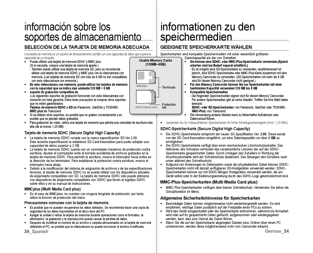 Samsung VP-MX10/CAN manual Selección DE LA Tarjeta DE Memoria Adecuada, SDHC-Speicherkarte Secure Digital High Capacity 