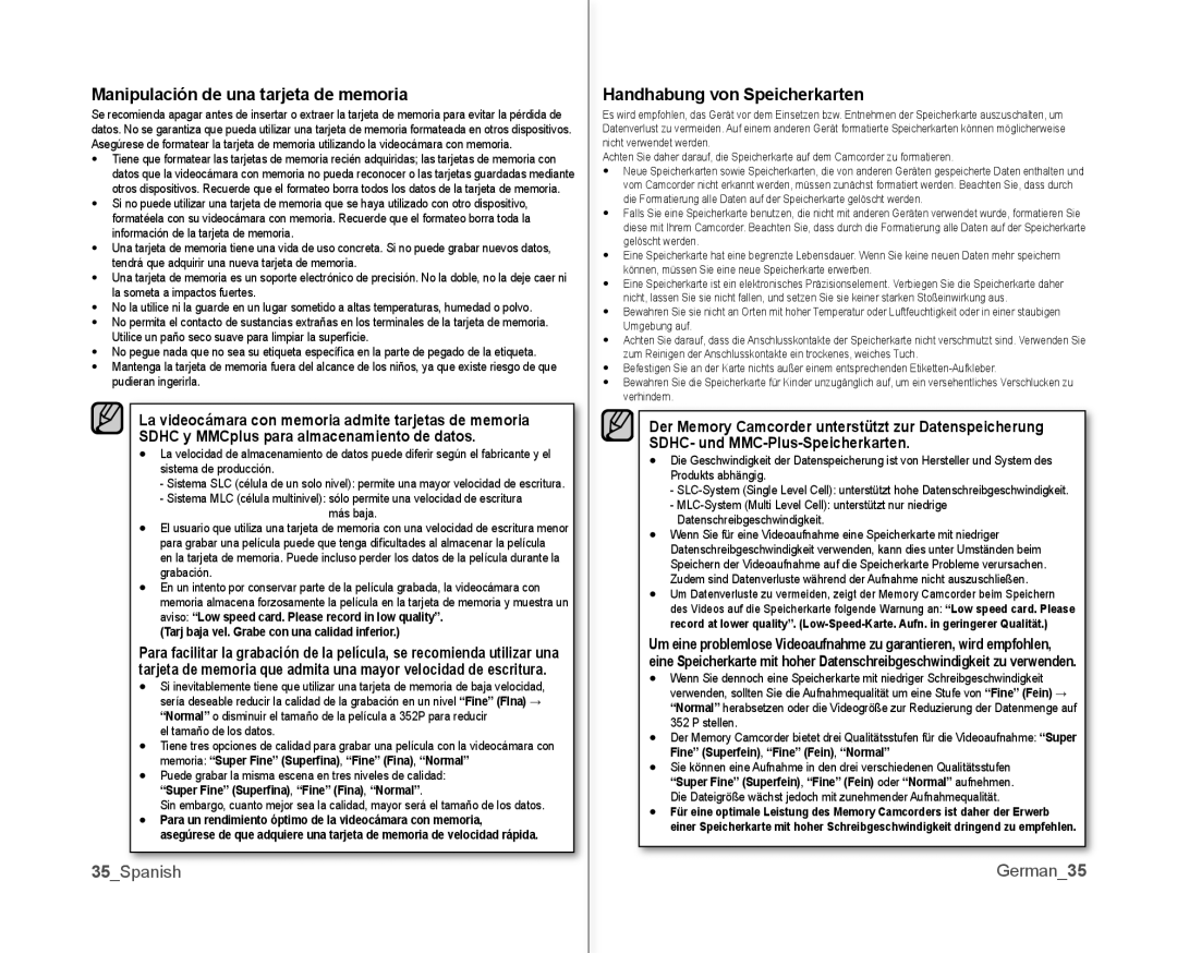 Samsung VP-MX10A/XEO manual Manipulación de una tarjeta de memoria, 35Spanish, Handhabung von Speicherkarten, German35 