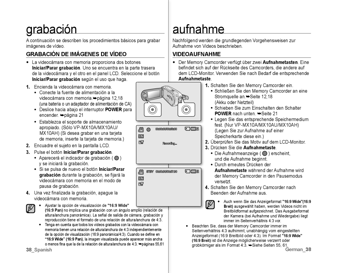 Samsung VP-MX10/XEO, VP-MX10A/XEE Grabación Aufnahme, Grabación DE Imágenes DE Vídeo Videoaufnahme, 38Spanish German38 