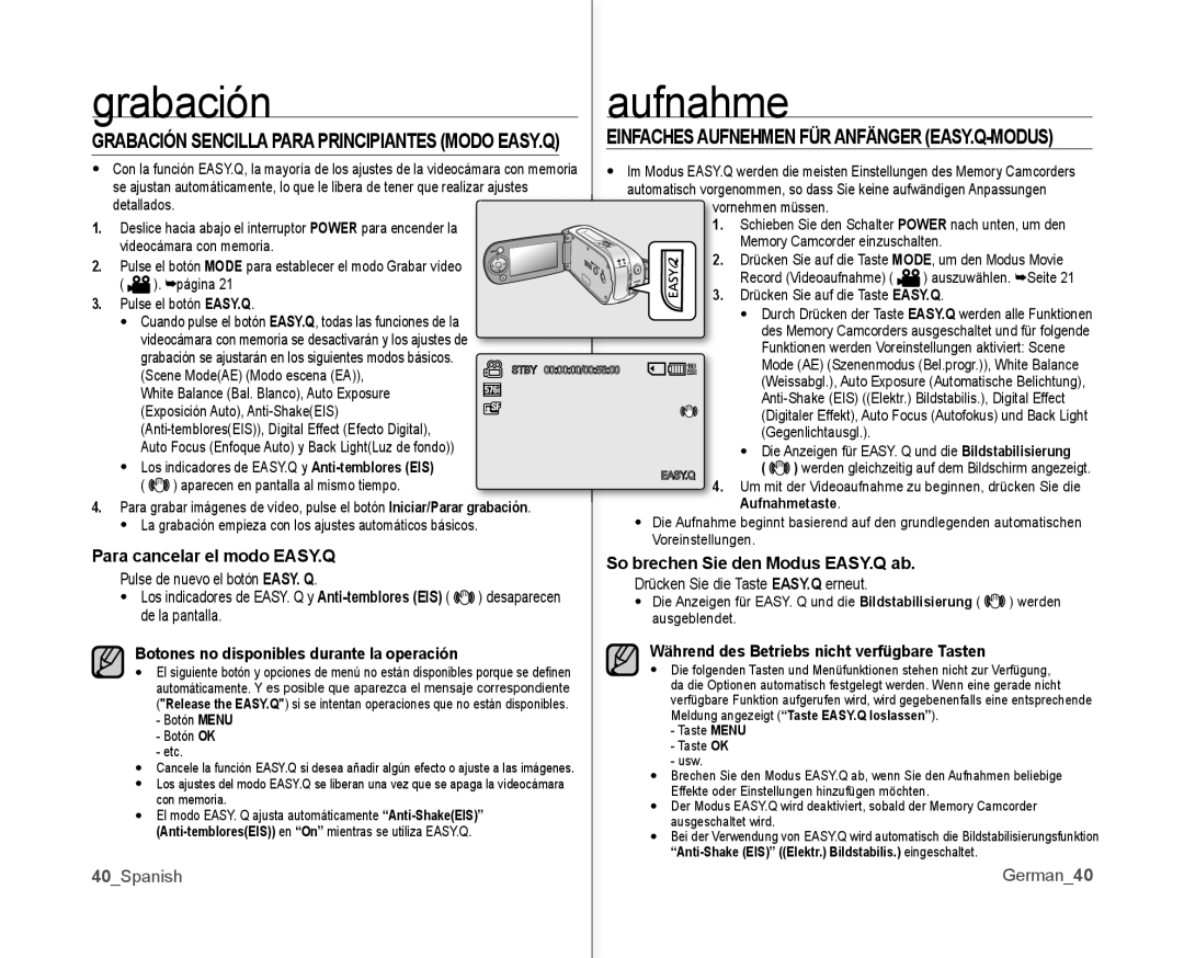 Samsung VP-MX10/CAN manual Grabación, Para cancelar el modo EASY.Q, So brechen Sie den Modus EASY.Q ab, 40Spanish German40 