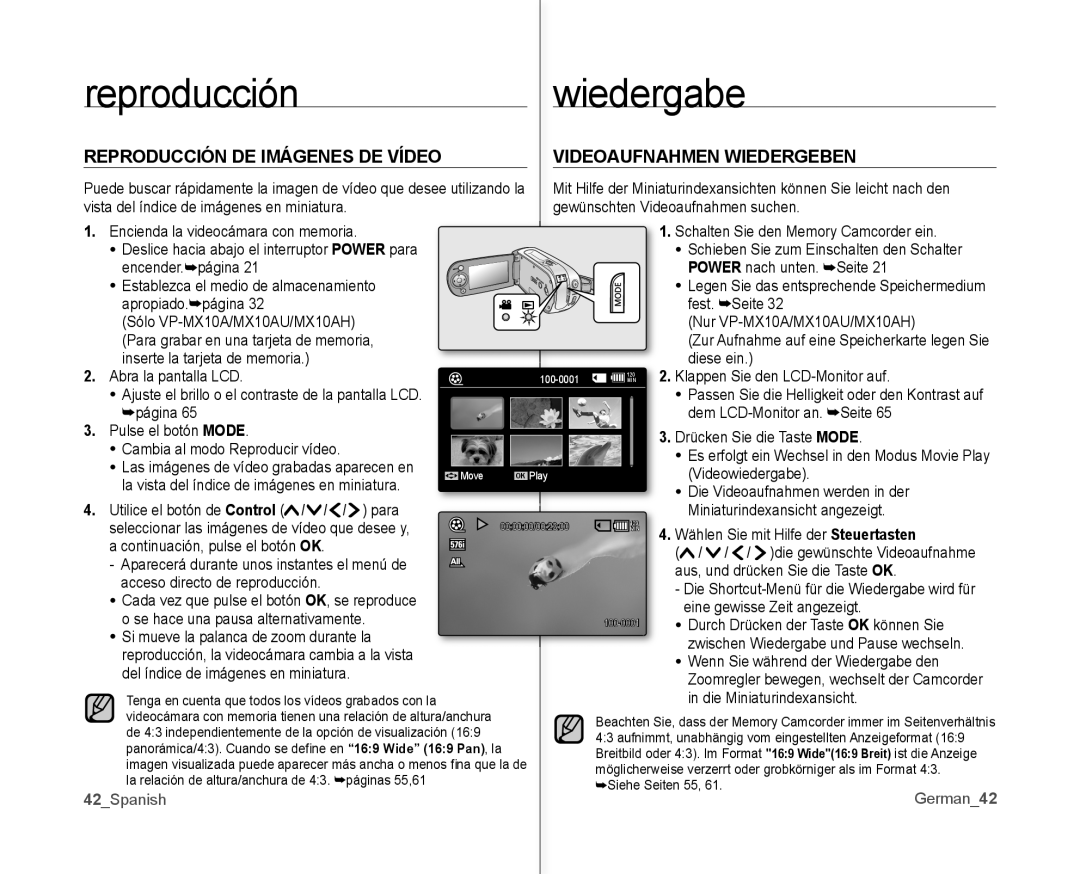 Samsung VP-MX10A/XEE, VP-MX10A/XEF, VP-MX10/XEO, VP-MX10/XEE, VP-MX10/CAN manual Reproducción Wiedergabe, German42, 42Spanish 