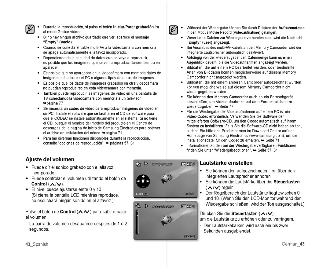 Samsung VP-MX10A/XEF, VP-MX10A/XEE manual Ajuste del volumen, 120MIN Lautstärke einstellen, Control, 43Spanish, German43 