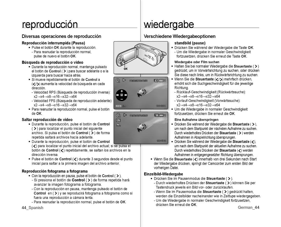 Samsung VP-MX10/XEO, VP-MX10A/XEE, VP-MX10A/XEF manual Diversas operaciones de reproducción, Verschiedene Wiedergabeoptionen 