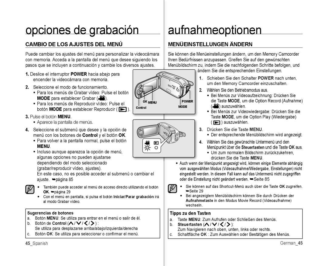 Samsung VP-MX10/XEE, VP-MX10A/XEE, VP-MX10A/XEF Cambio DE LOS Ajustes DEL Menú Menüeinstellungen Ändern, Menu, 45Spanish 