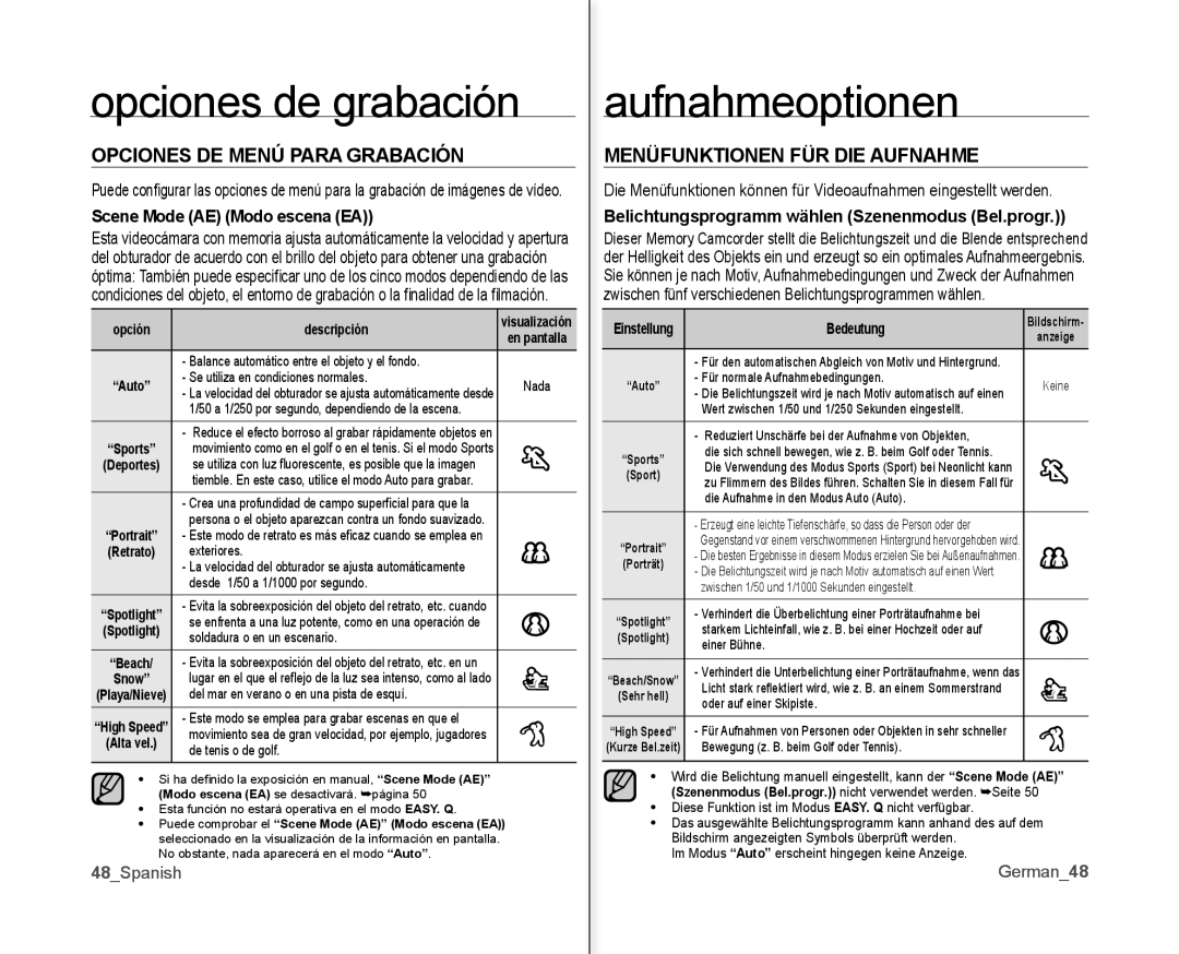 Samsung VP-MX10A/XEE, VP-MX10A/XEF, VP-MX10/XEO Opciones de grabación, Aufnahmeoptionen, Opciones DE Menú Para Grabación 