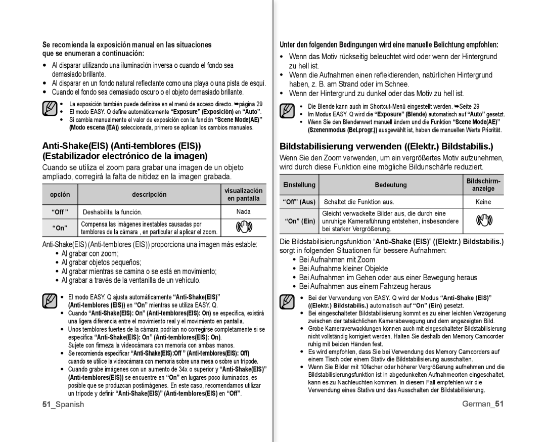 Samsung VP-MX10/XEE, VP-MX10A/XEE, VP-MX10A/XEF manual Bildstabilisierung verwenden Elektr. Bildstabilis, 51Spanish, German51 