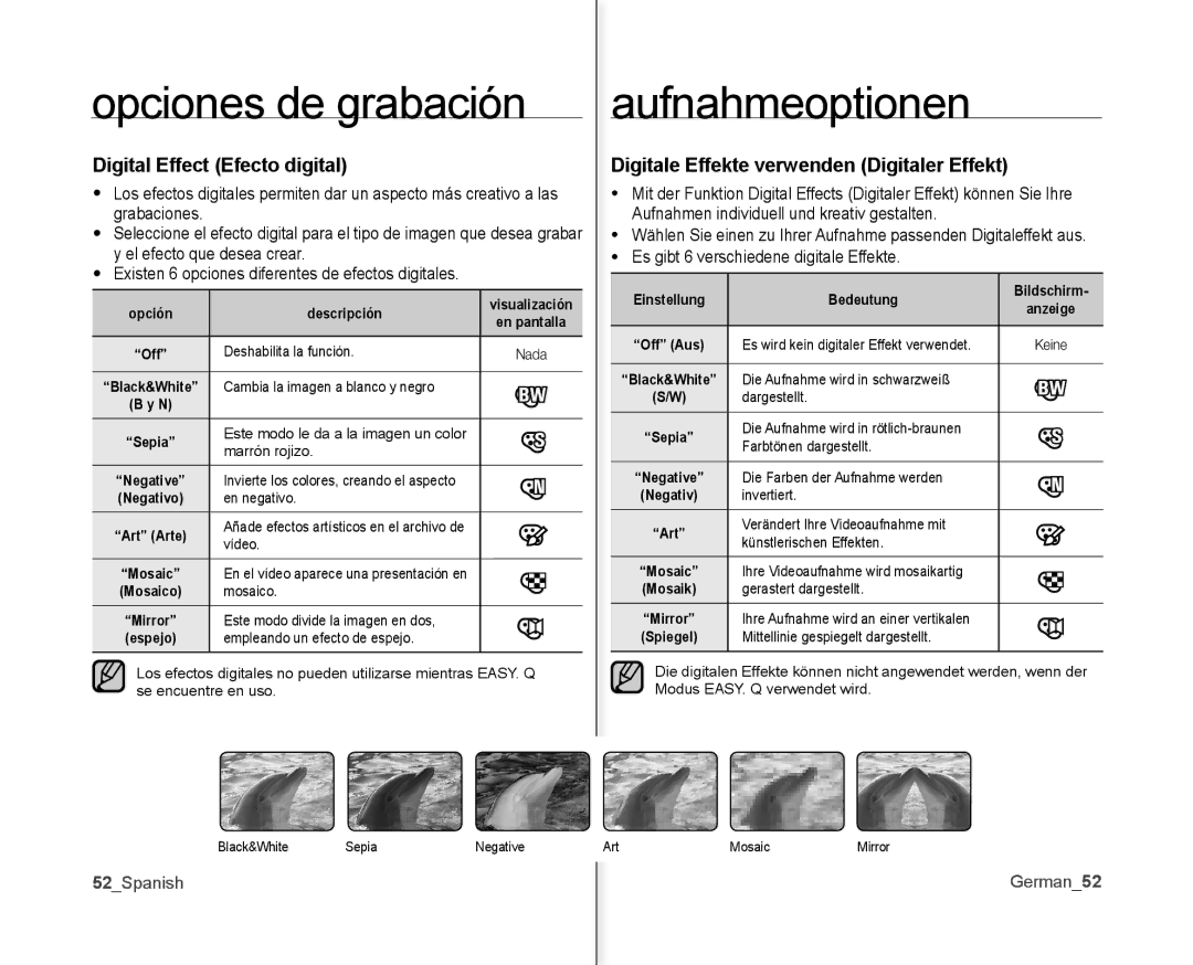 Samsung VP-MX10/CAN manual Digital Effect Efecto digital, Digitale Effekte verwenden Digitaler Effekt, 52Spanish German52 