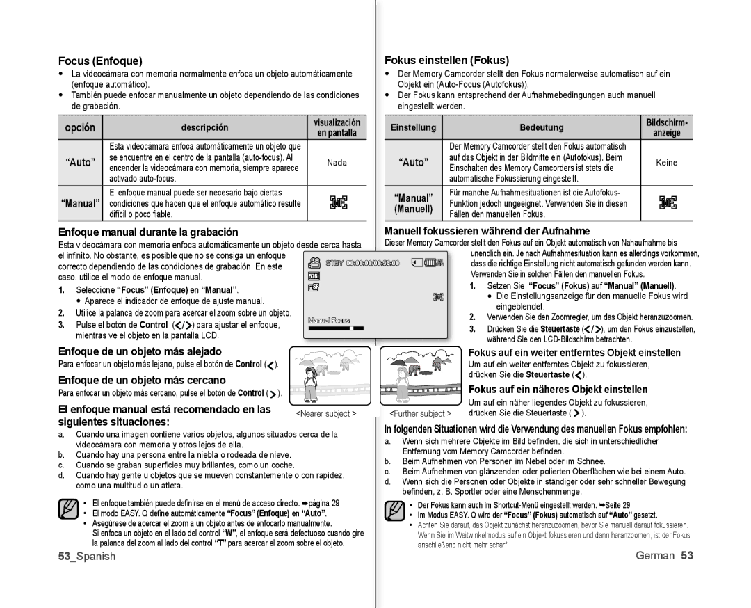 Samsung VP-MX10A/XEO Focus Enfoque, Opción, Enfoque manual durante la grabación, Enfoque de un objeto más alejado, Manuell 