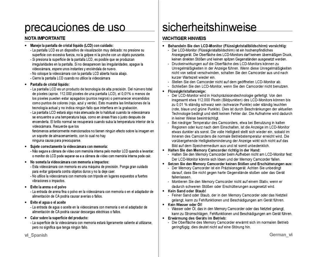 Samsung VP-MX10A/XEE, VP-MX10A/XEF manual Precauciones de uso, Nota Importante, ViSpanish, Wichtiger Hinweis, Germanvi 