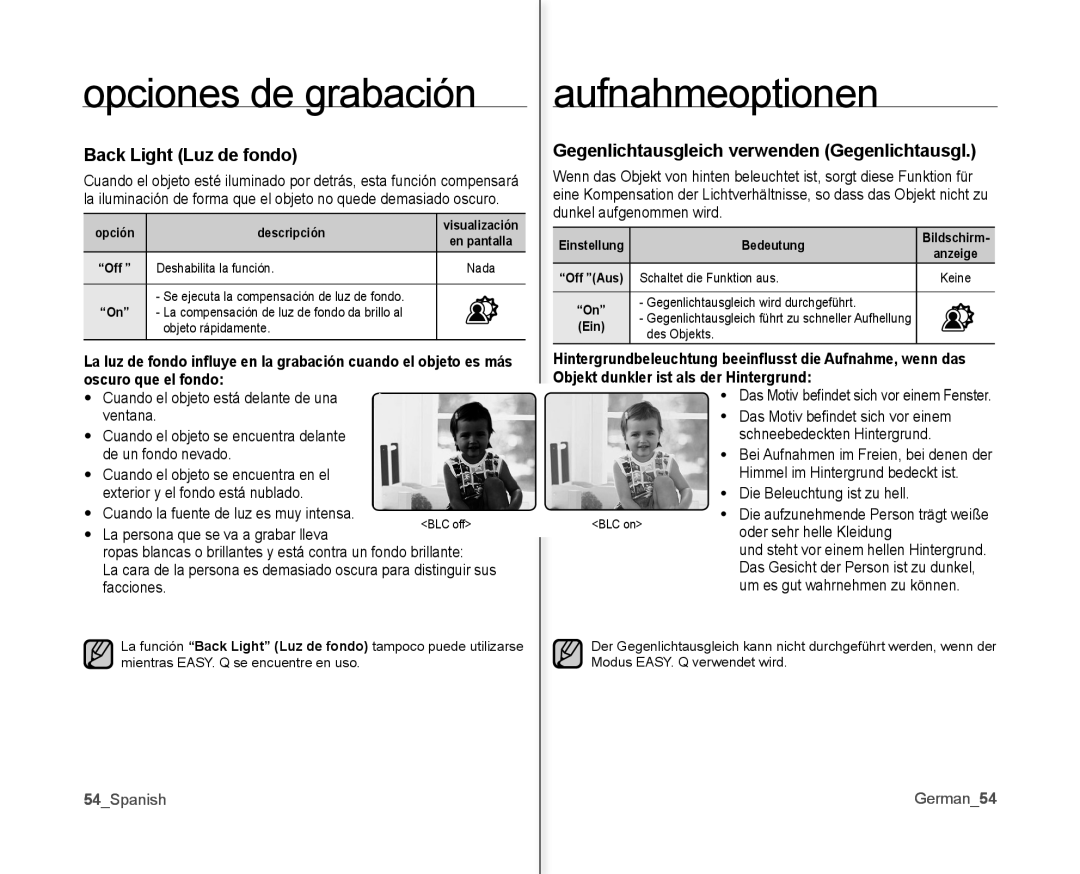 Samsung VP-MX10A/XEE manual Back Light Luz de fondo, Gegenlichtausgleich verwenden Gegenlichtausgl, 54Spanish, German54 