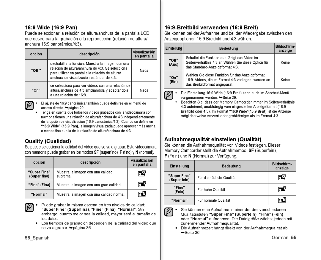 Samsung VP-MX10A/XEF Wide 169 Pan, Quality Cualidad, Breitbild verwenden 169 Breit, Aufnahmequalität einstellen Qualität 