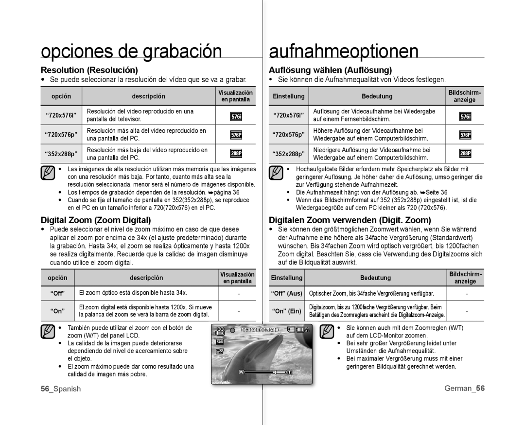 Samsung VP-MX10/XEO Resolution Resolución Auﬂösung wählen Auﬂösung, Digital Zoom Zoom Digital, 56Spanish German56, Off 