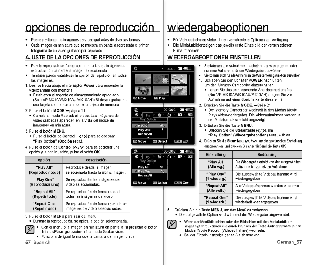 Samsung VP-MX10/XEE, VP-MX10A/XEE, VP-MX10/XEO Wiedergabeoptionen, Fotograma de un video grabado por separado Filmaufnahmen 