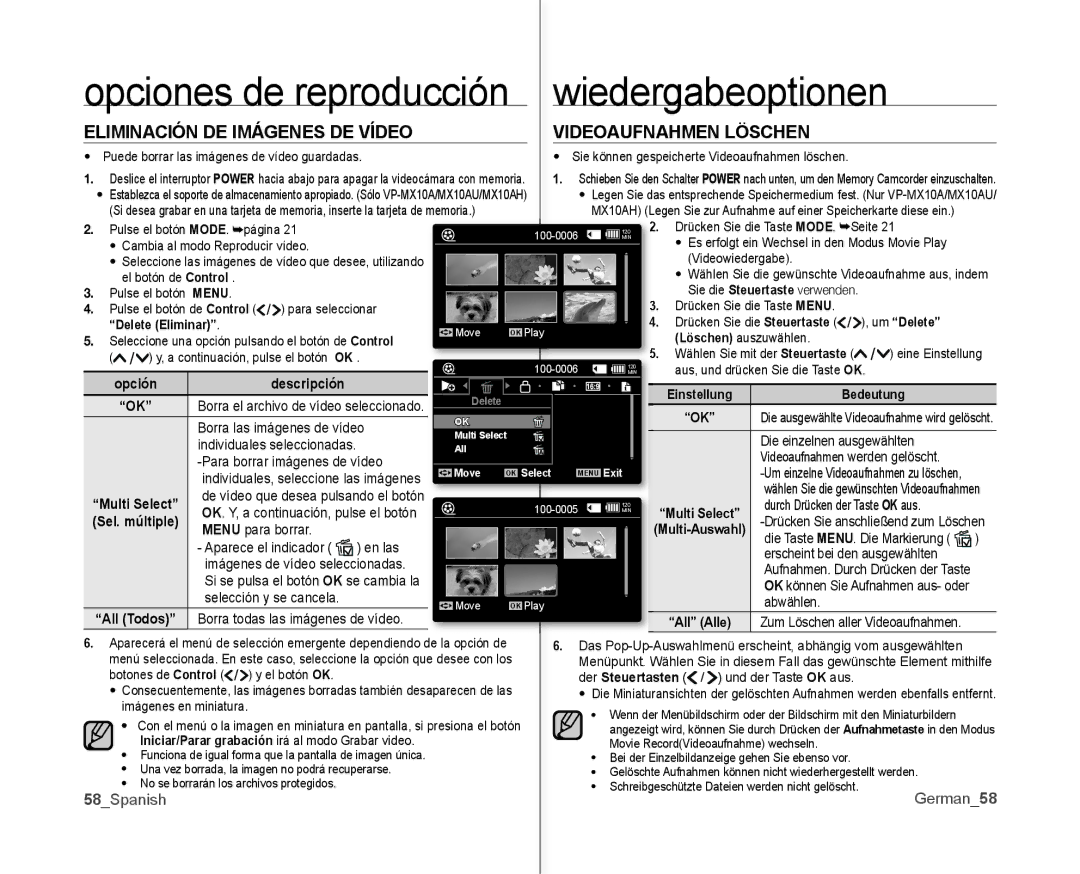 Samsung VP-MX10/CAN Opciones de reproducción wiedergabeoptionen, Eliminación DE Imágenes DE Vídeo Videoaufnahmen Löschen 