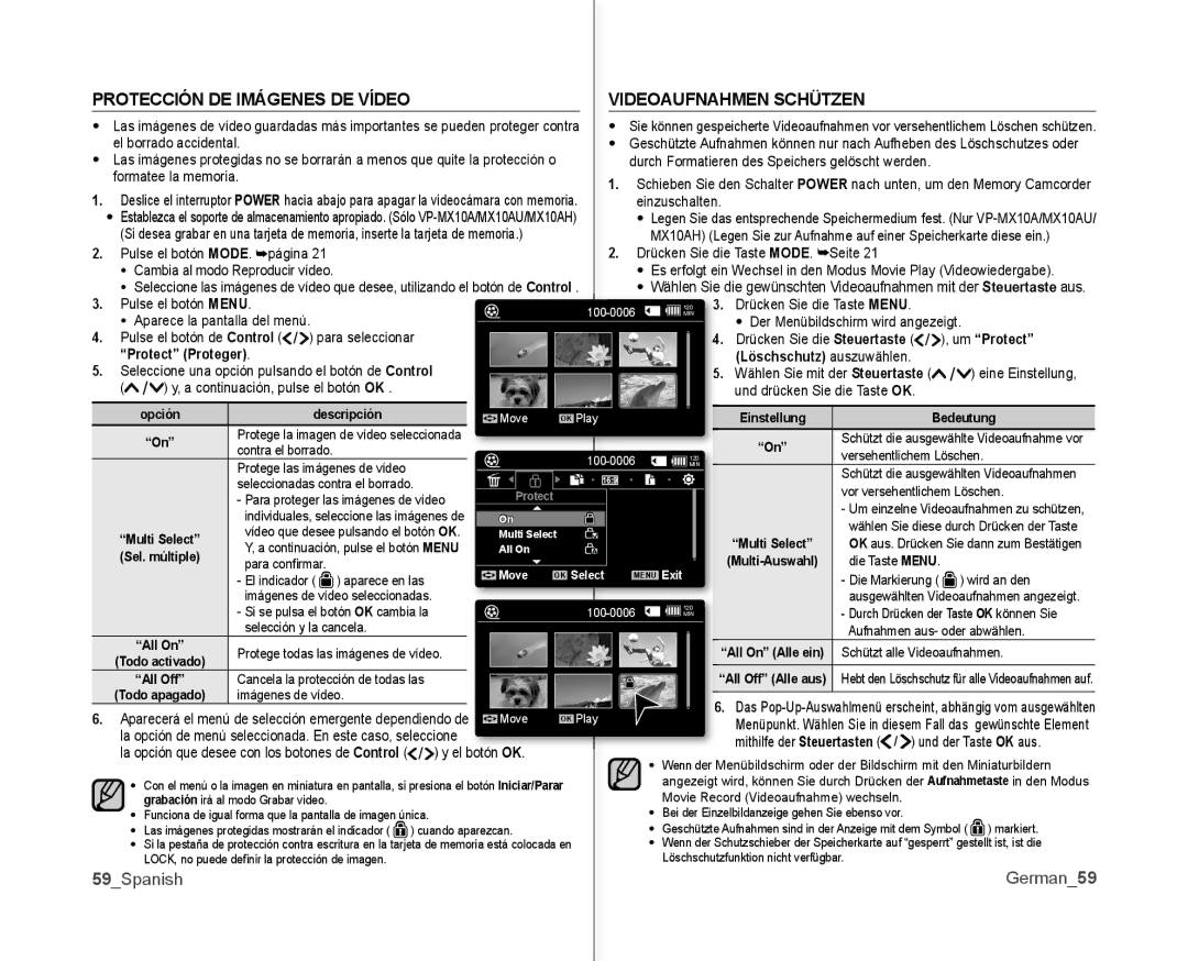 Samsung VP-MX10A/XEO, VP-MX10/XEO Protección DE Imágenes DE Vídeo Videoaufnahmen Schützen, German59, 59Spanish, Um Protect 