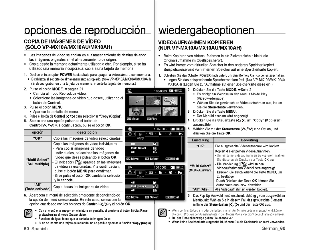 Samsung VP-MX10A/XEE, VP-MX10A/XEF, VP-MX10/XEO, VP-MX10/XEE, VP-MX10/CAN, VP-MX10A/XEO manual 60Spanish German60, Control 