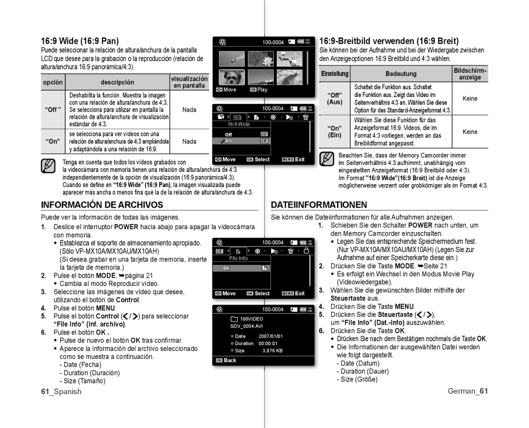 Samsung VP-MX10A/XEF, VP-MX10A/XEE Información DE Archivos Dateiinformationen, Steuertaste aus, File Info Inf. archivo 