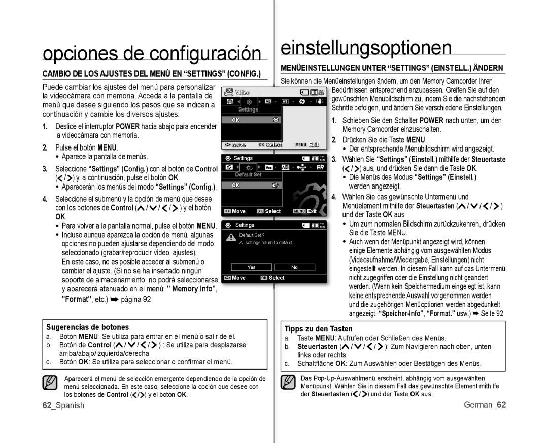 Samsung VP-MX10/XEO, VP-MX10A/XEE, VP-MX10A/XEF, VP-MX10/XEE, VP-MX10/CAN, VP-MX10A/XEO manual 62Spanish German62 