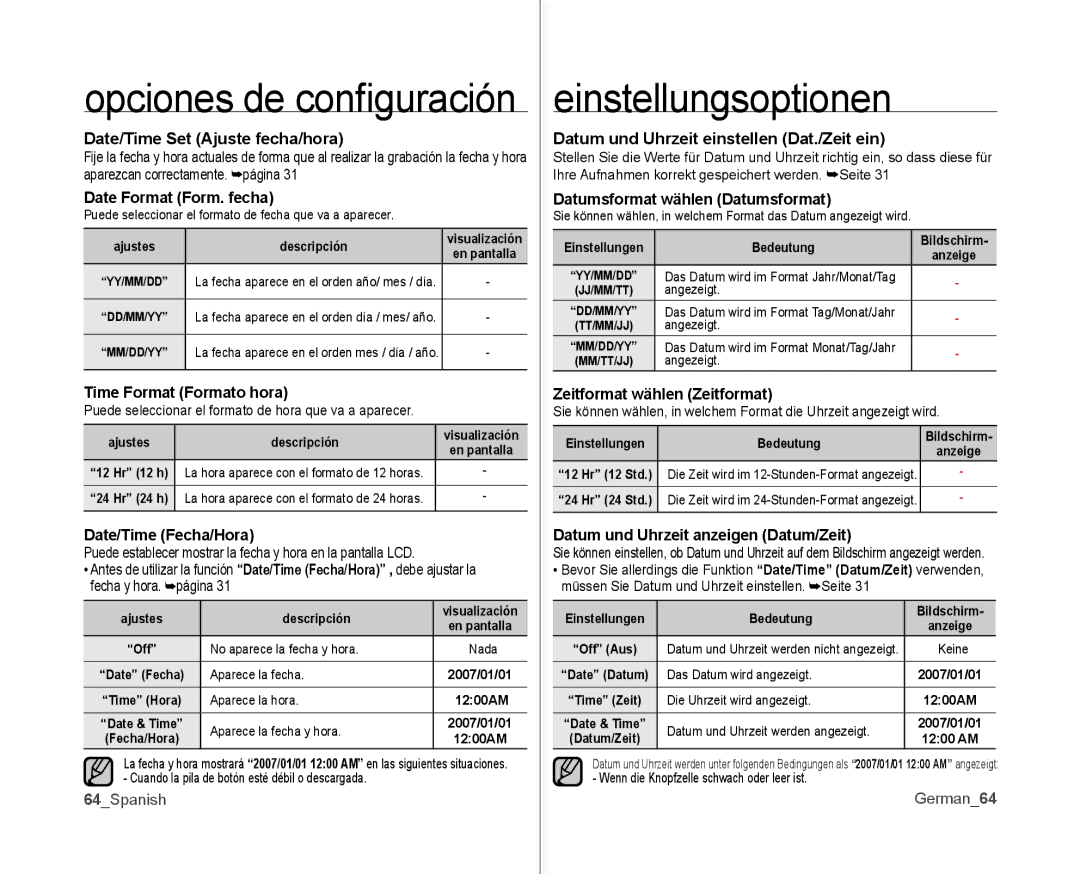 Samsung VP-MX10/CAN Einstellungsoptionen, Date/Time Set Ajuste fecha/hora, Datum und Uhrzeit einstellen Dat./Zeit ein 