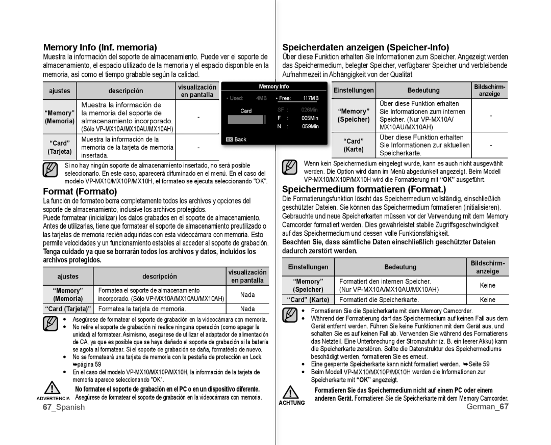 Samsung VP-MX10A/XEF manual Format Formato Speichermedium formatieren Format, Aufnahmezeit in Abhängigkeit von der Qualität 