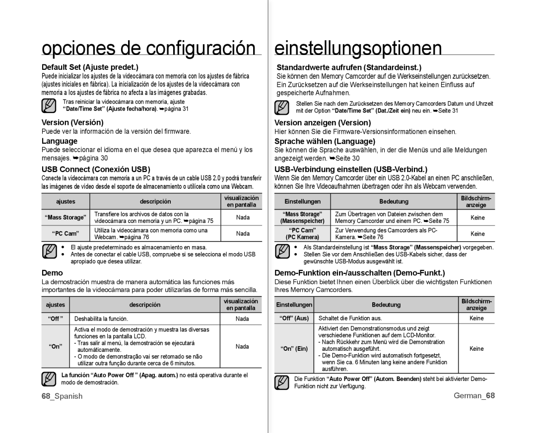 Samsung VP-MX10/XEO, VP-MX10A/XEE Default Set Ajuste predet, Version Versión, Language, USB Connect Conexión USB, Demo 